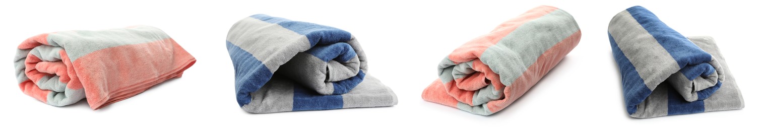 Set with different beach towels on white background. Banner design Image of Set with different beach towels on white background. Banner design