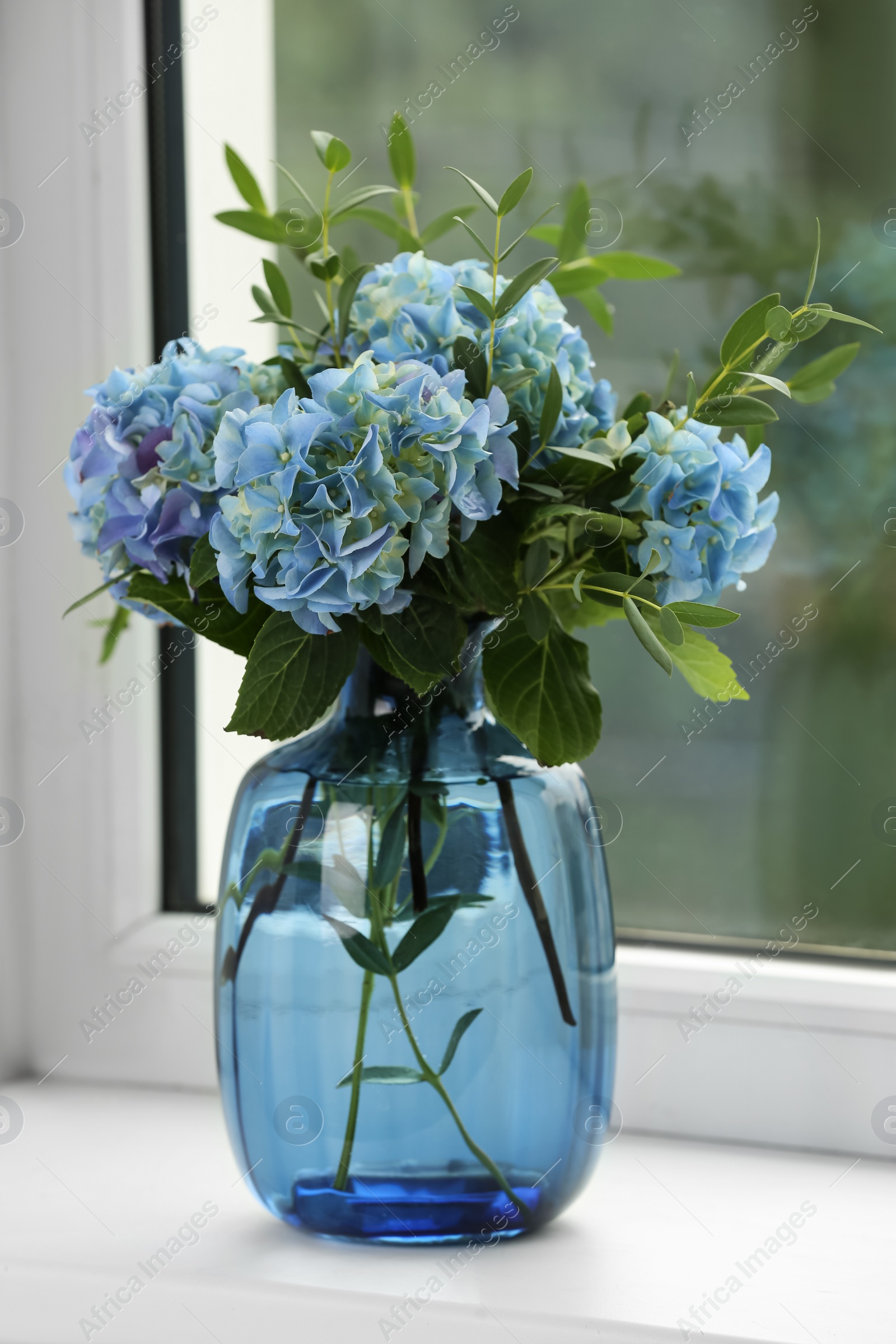 Beautiful blue hortensia flowers in vase on window sill indoors Photo of Beautiful blue hortensia flowers in vase on window sill indoors