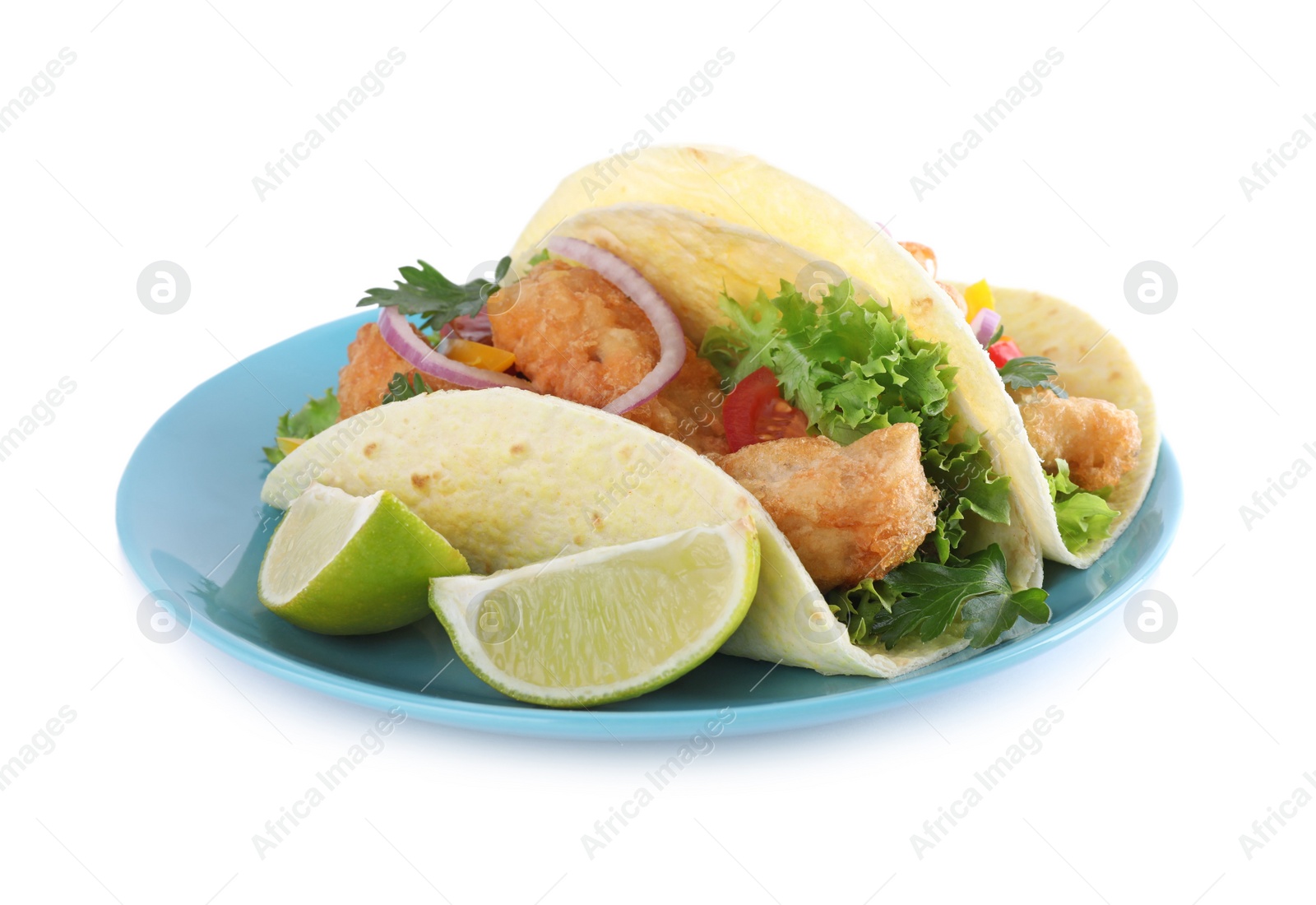 Yummy fish tacos with lettuce isolated on white Photo of Yummy fish tacos with lettuce isolated on white
