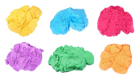 Set with piles of colorful kinetic sand on white background Image of Set with piles of colorful kinetic sand on white background