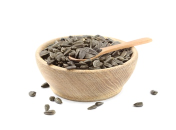 Sunflower seeds in bowl on white background Photo of Sunflower seeds in bowl on white background