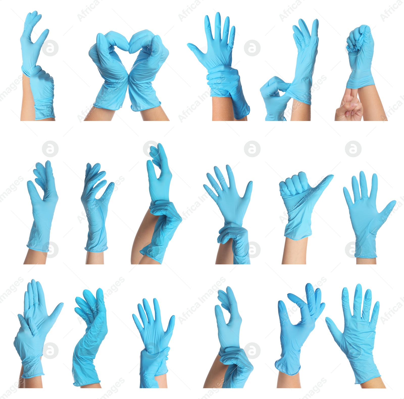 Collage with photos of woman wearing medical gloves on white background, closeup Image of Collage with photos of woman wearing medical gloves on white background, closeup