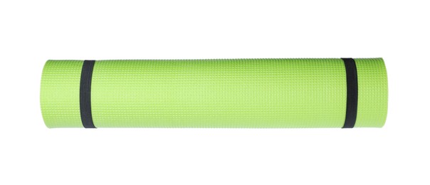 Light green rolled camping or exercise mat on white background, top view Photo of Light green rolled camping or exercise mat on white background, top view