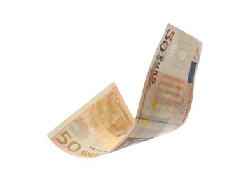 50 Euro banknote flying on white background Image of 50 Euro banknote flying on white background
