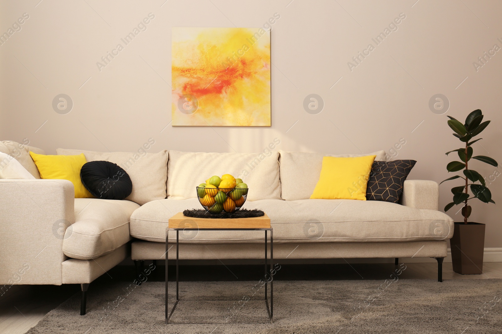 Stylish living room interior with modern comfortable sofa Photo of Stylish living room interior with modern comfortable sofa