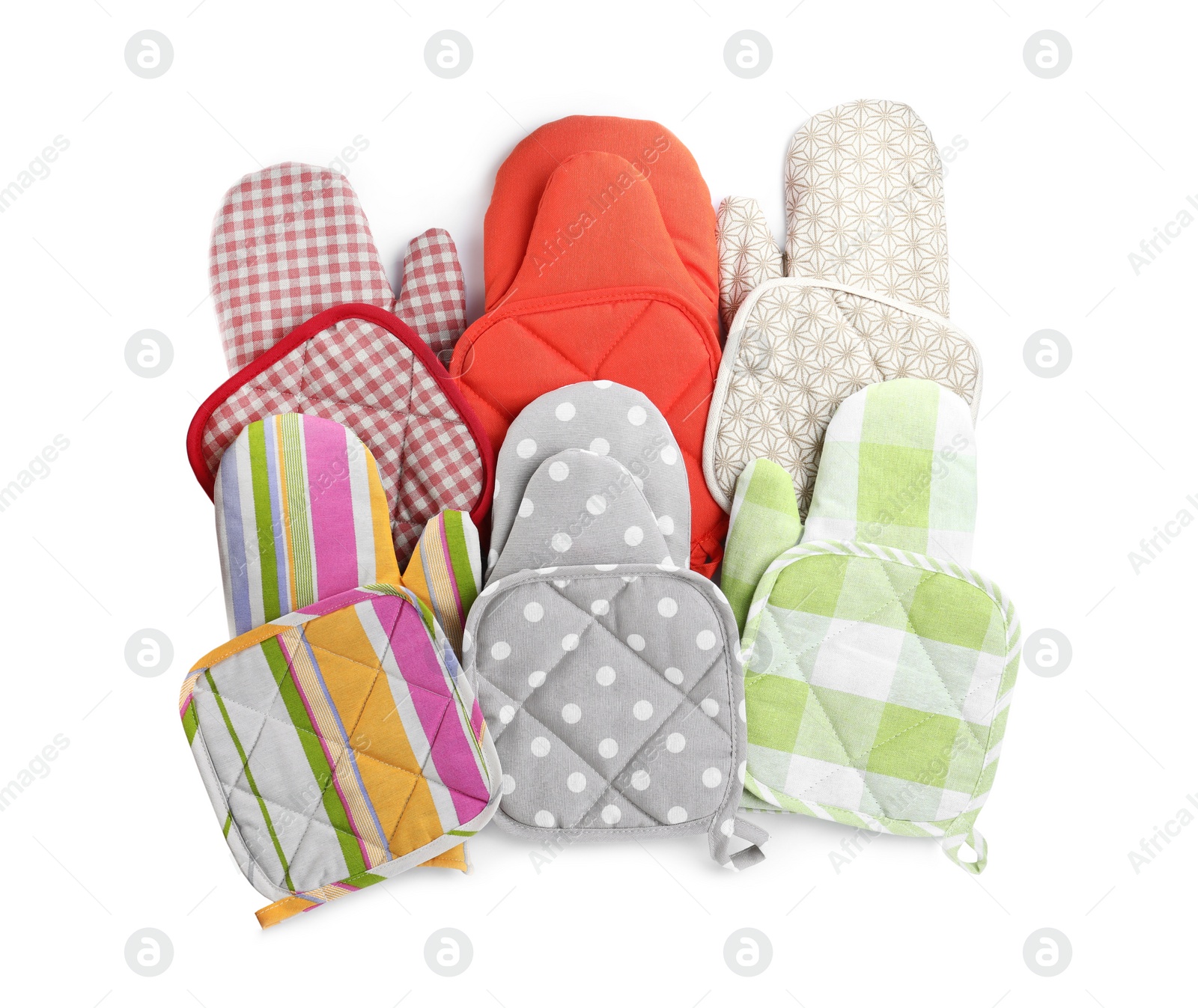 Oven gloves and potholders for hot dishes on white background, top view Photo of Oven gloves and potholders for hot dishes on white background, top view