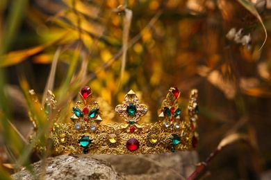 Beautiful golden crown on stone outdoors, closeup. Fantasy item Photo of Beautiful golden crown on stone outdoors, closeup. Fantasy item