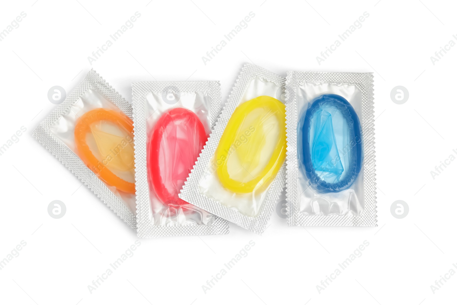 Condom packages on white background, top view. Safe sex Photo of Condom packages on white background, top view. Safe sex