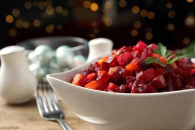 Traditional Russian salad vinaigrette in bowl, closeup Photo of Traditional Russian salad vinaigrette in bowl, closeup