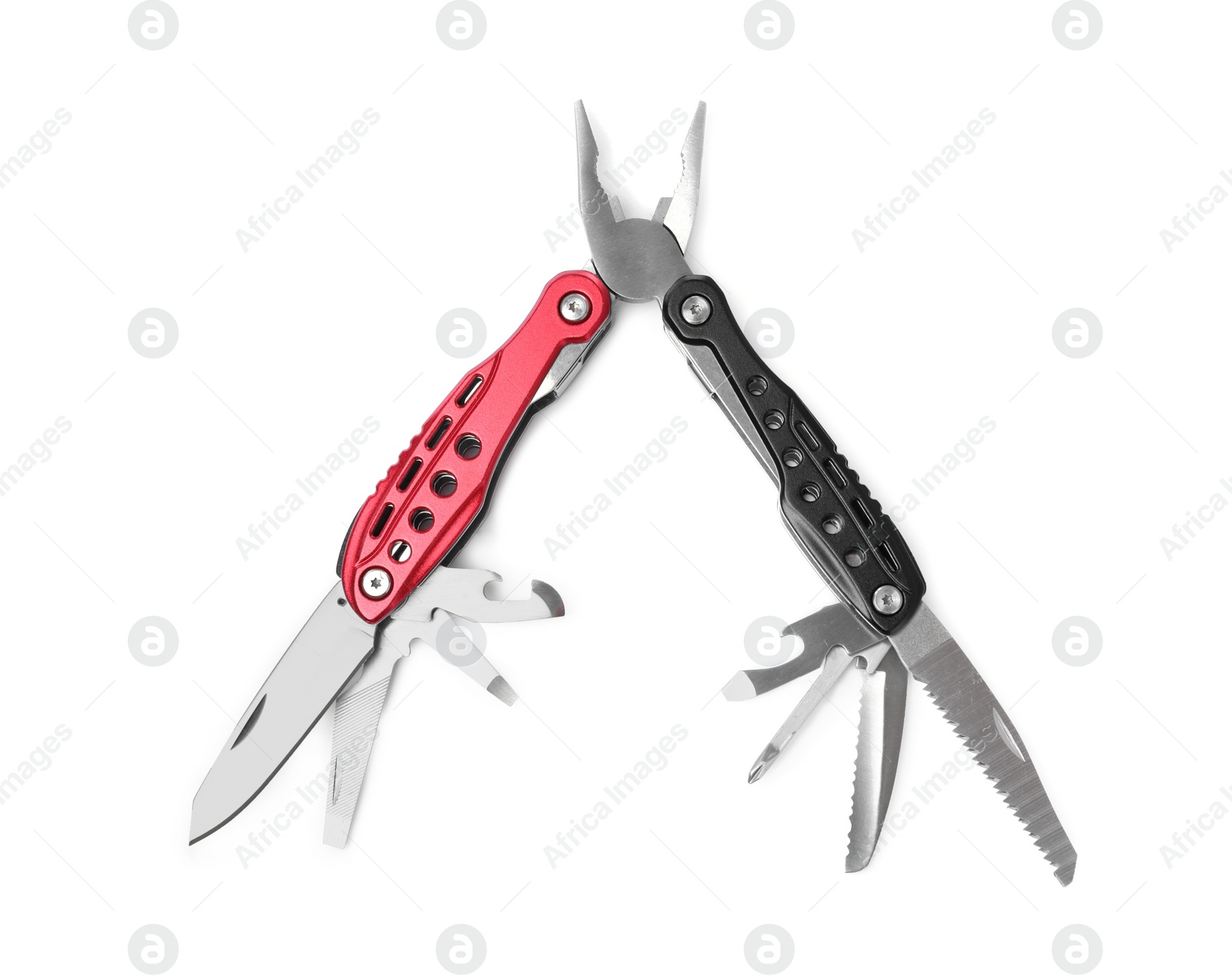 Red and black compact portable multitool isolated on white Photo of Red and black compact portable multitool isolated on white