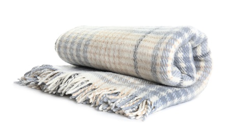 Stylish soft checkered plaid on white background Photo of Stylish soft checkered plaid on white background