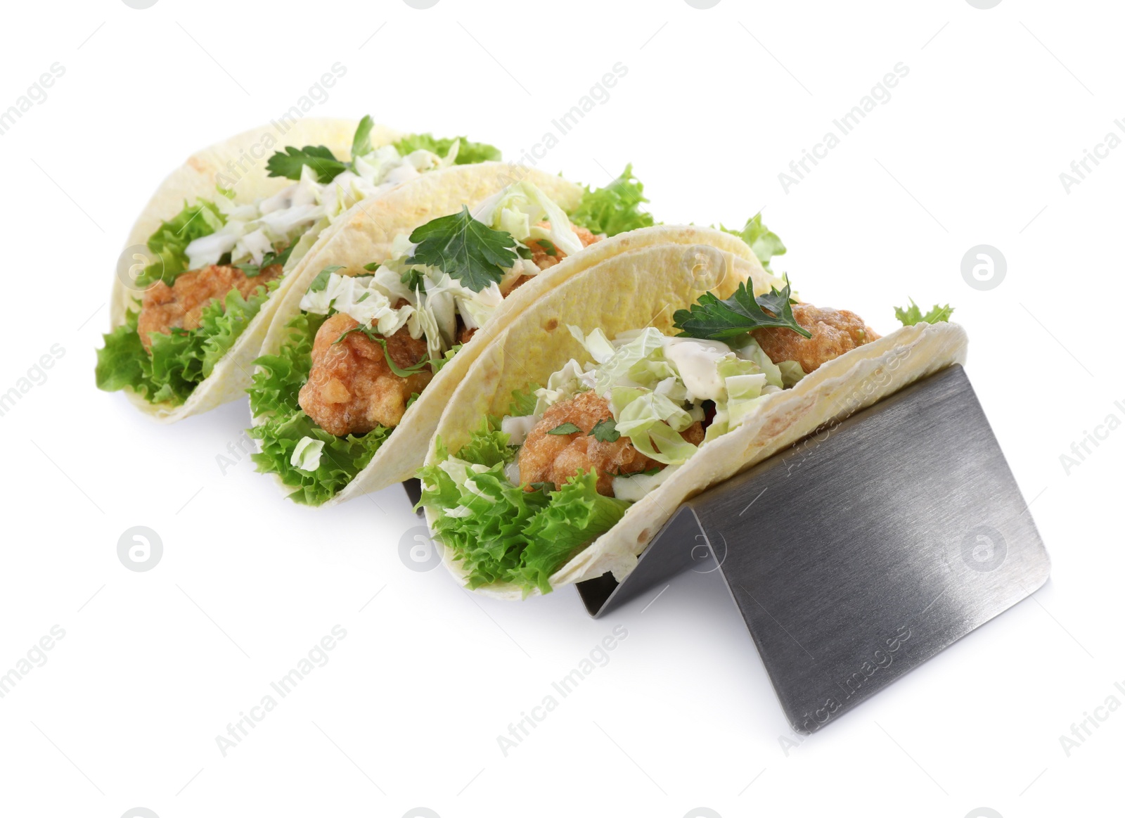 Yummy fish tacos in holder isolated on white Photo of Yummy fish tacos in holder isolated on white