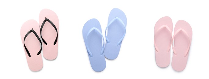 Set with pairs of stylish flip flops on white background, top view. Banner design Image of Set with pairs of stylish flip flops on white background, top view. Banner design