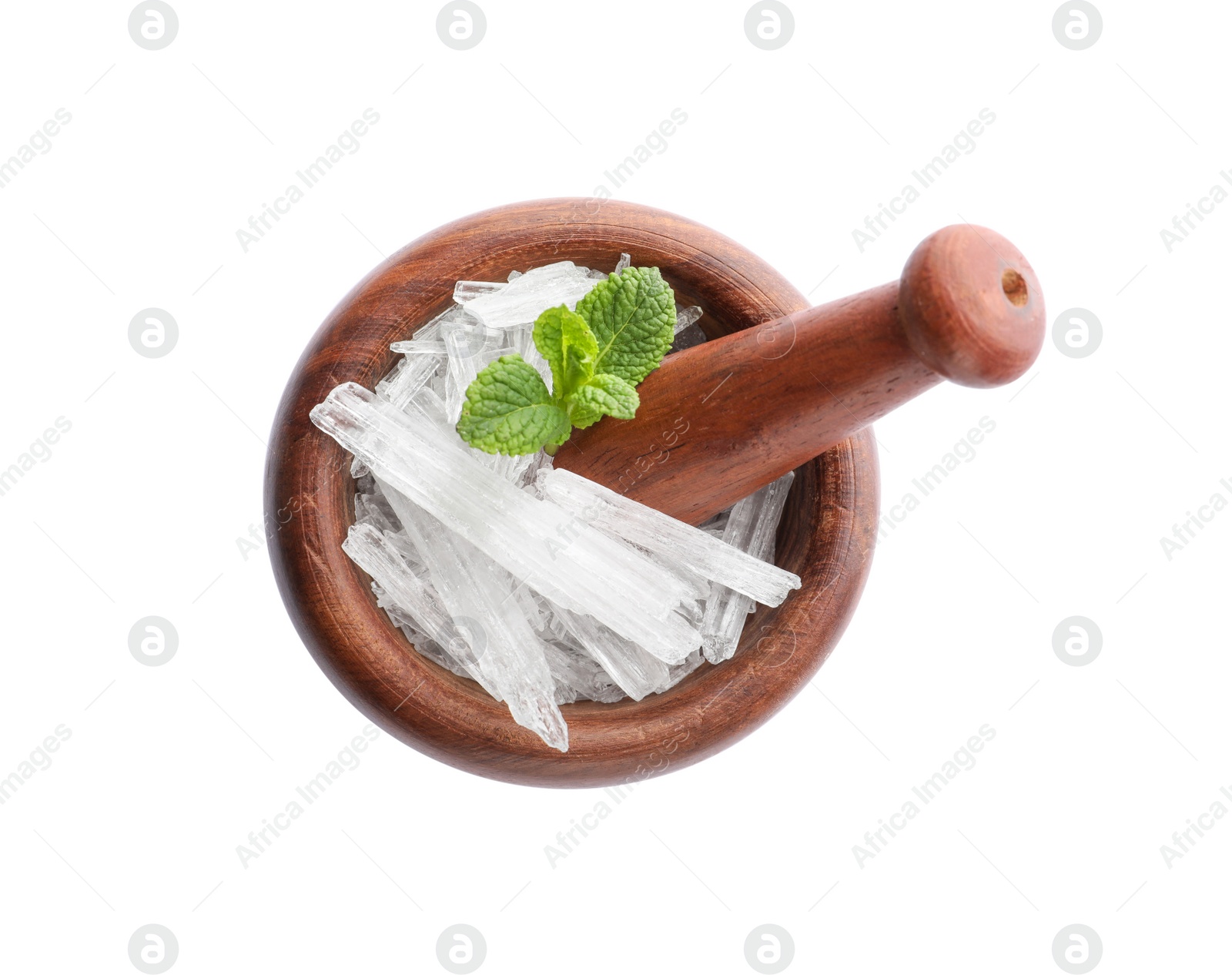 Menthol crystals and mint leaves on white background, top view Photo of Menthol crystals and mint leaves on white background, top view