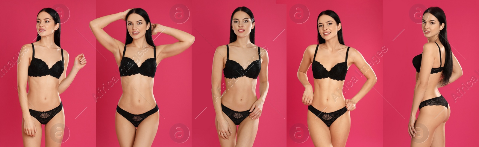 Collage of beautiful young woman in black underwear on pink background Image of Collage of beautiful young woman in black underwear on pink background