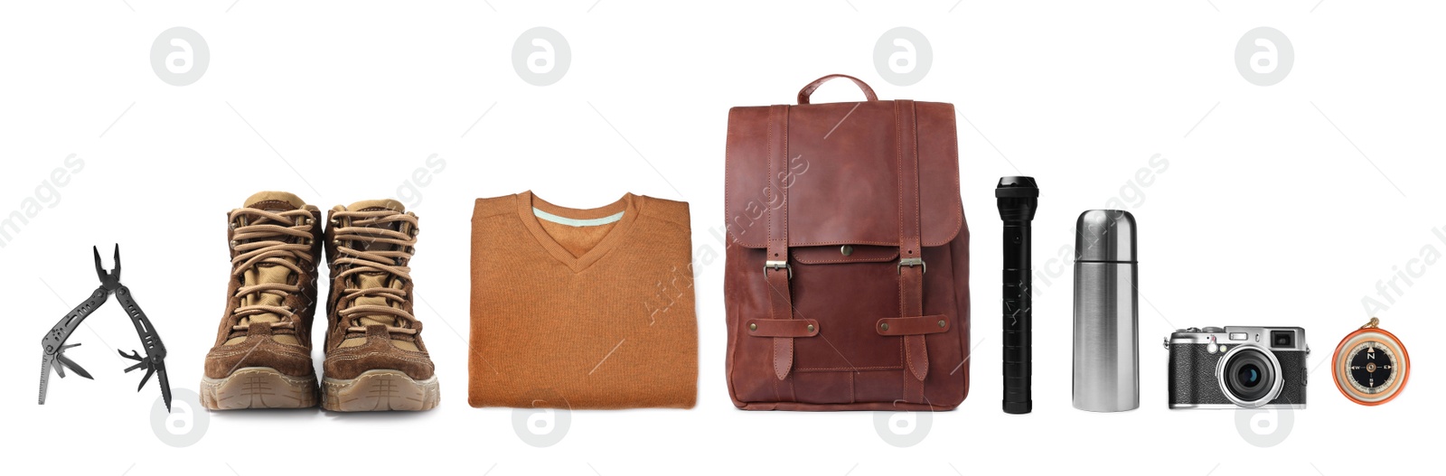 Set with different camping equipment on white background. Banner design Image of Set with different camping equipment on white background. Banner design