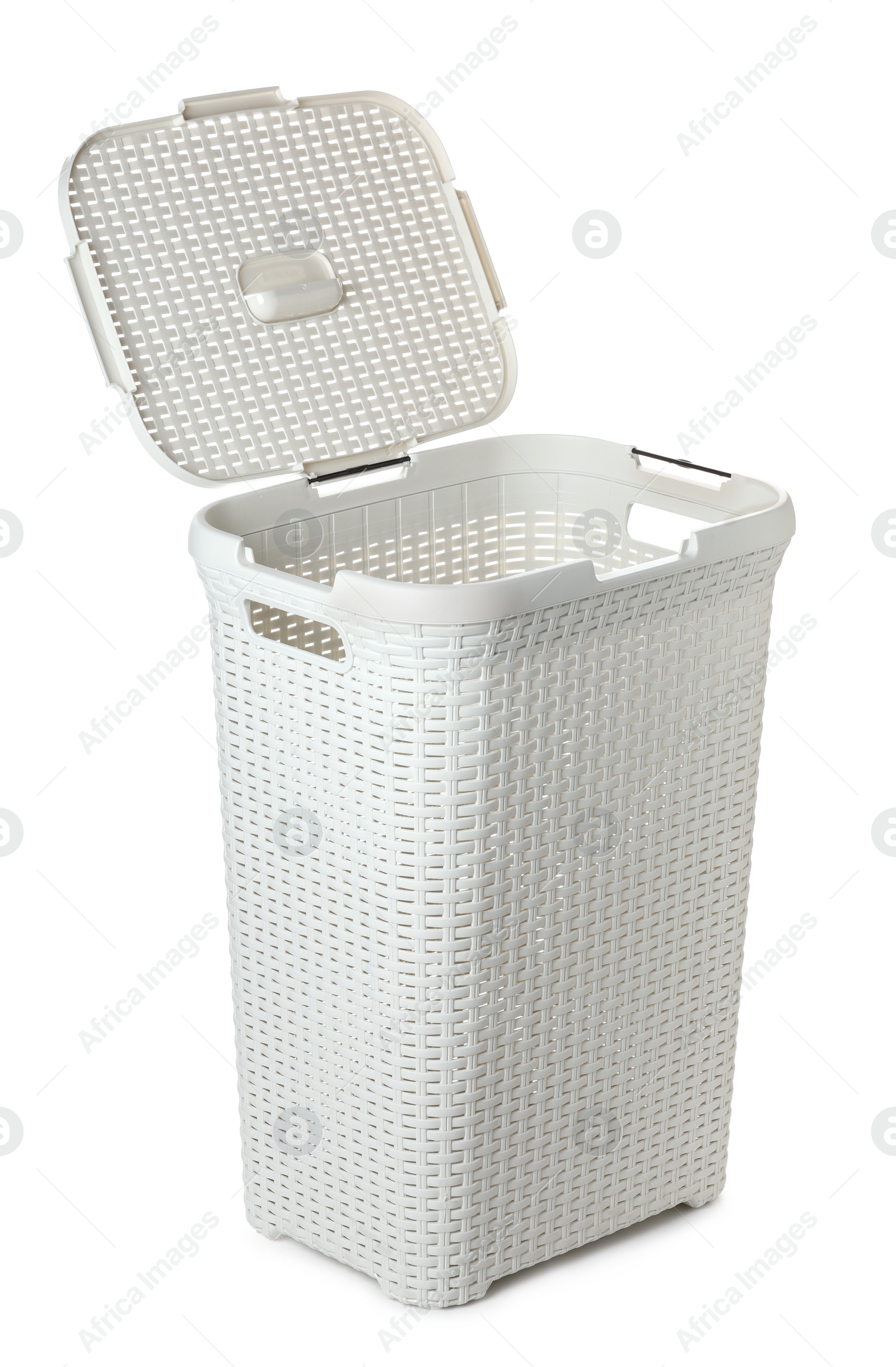One open empty laundry basket isolated on white Photo of One open empty laundry basket isolated on white