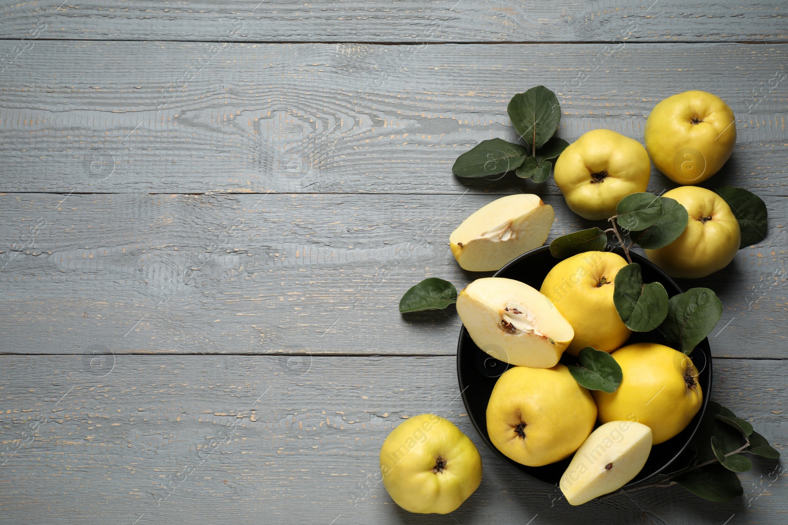 Fresh ripe organic quinces with leaves on grey wooden table, flat lay. Space for text Photo of Fresh ripe organic quinces with leaves on grey wooden table, flat lay. Space for text