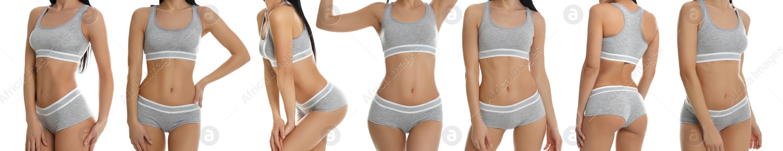 Collage of young woman in grey sportive underwear isolated on white, closeup. Banner design Image of Collage of young woman in grey sportive underwear isolated on white, closeup. Banner design
