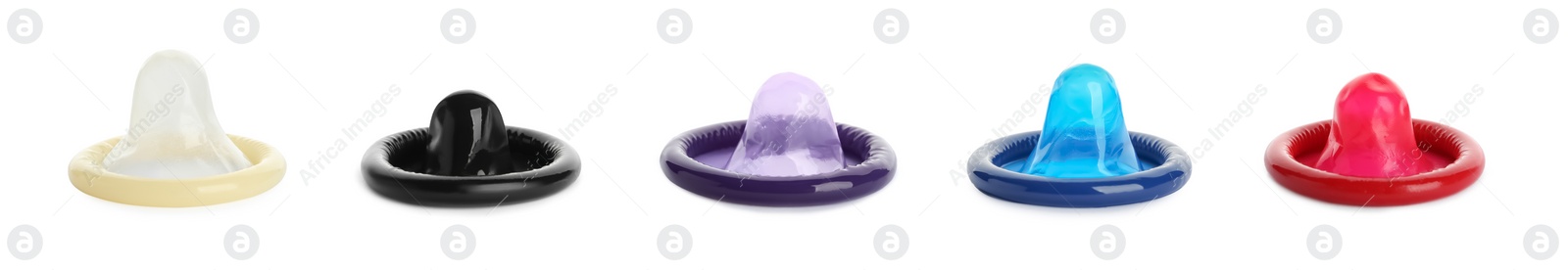 Set with different unpacked condoms on white background. Banner design Image of Set with different unpacked condoms on white background. Banner design