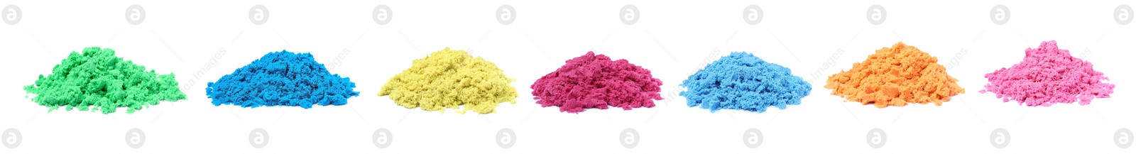 Set with piles of colorful kinetic sand on white background. Banner design Image of Set with piles of colorful kinetic sand on white background. Banner design