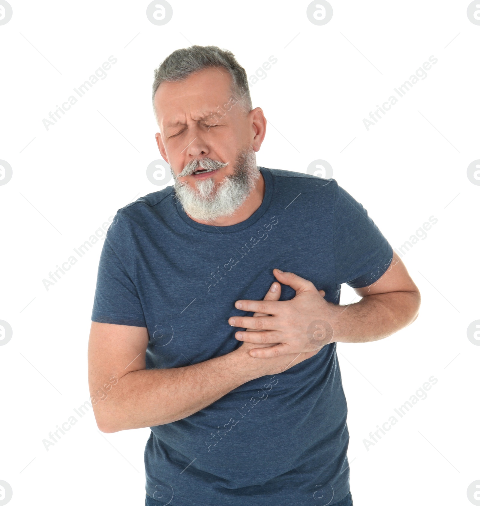 Photo of Man suffering from chest pain on white background