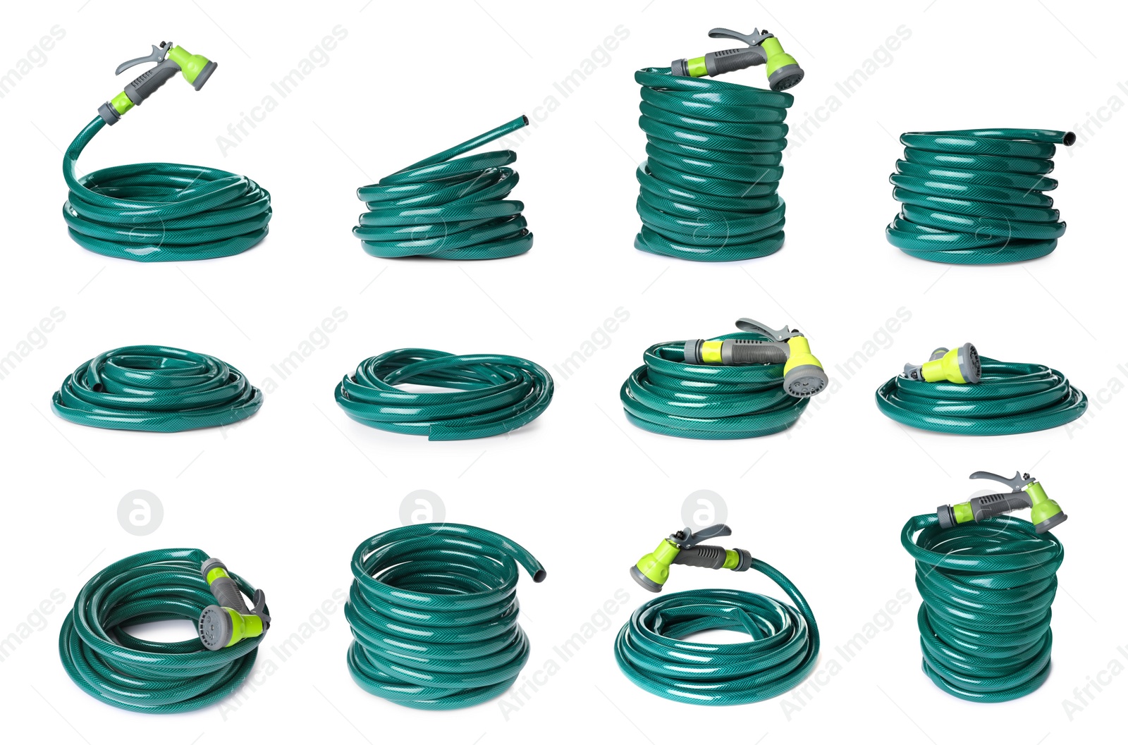 Set with green rubber watering hoses on white background Image of Set with green rubber watering hoses on white background