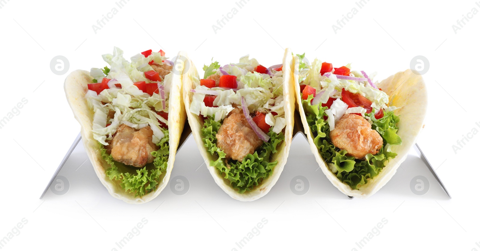 Yummy fish tacos in holder isolated on white Photo of Yummy fish tacos in holder isolated on white