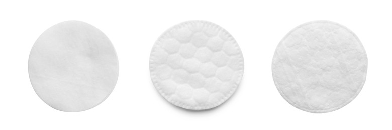 Set with soft cotton pads on white background, top view. Banner design Image of Set with soft cotton pads on white background, top view. Banner design
