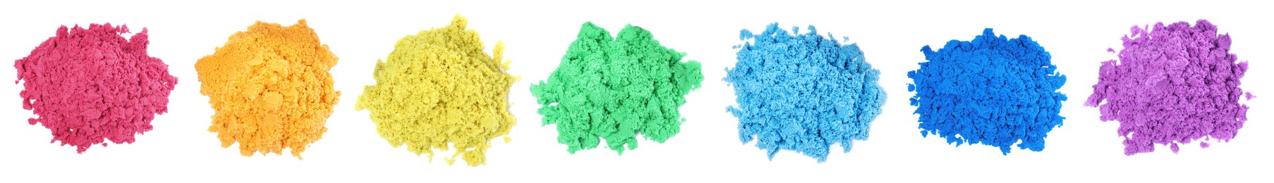 Set with piles of colorful kinetic sand on white background, top view. Banner design Image of Set with piles of colorful kinetic sand on white background, top view. Banner design