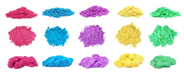 Set with piles of colorful kinetic sand on white background. Banner design Image of Set with piles of colorful kinetic sand on white background. Banner design