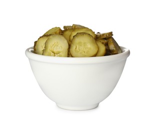 Slices of tasty pickled cucumbers in bowl isolated on white Photo of Slices of tasty pickled cucumbers in bowl isolated on white