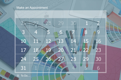 Double exposure of calendar and designer's workplace. Personal schedule Image of Double exposure of calendar and designer's workplace. Personal schedule