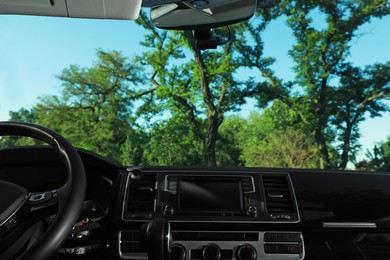 View of dashboard with navigation system in modern car Photo of View of dashboard with navigation system in modern car