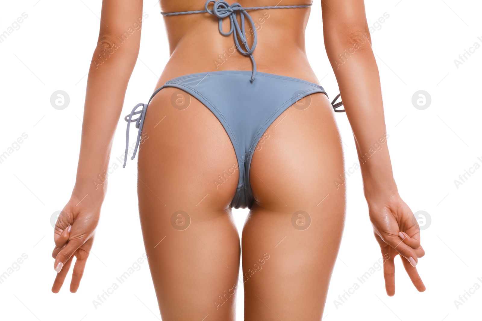 Woman in stylish bikini on white background, closeup Photo of Woman in stylish bikini on white background, closeup