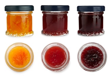 Set with jars of different tasty jam on white background Image of Set with jars of different tasty jam on white background