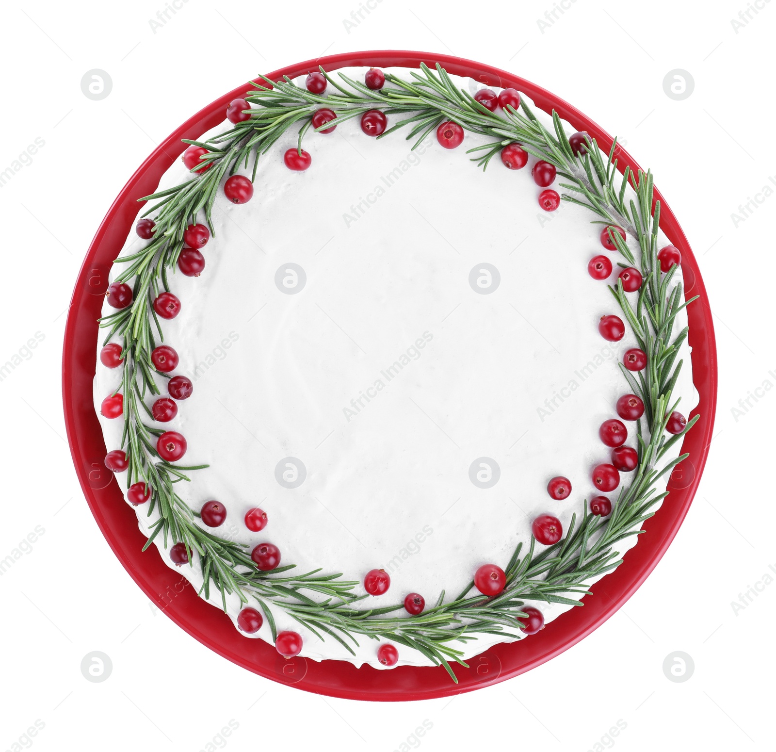 Traditional Christmas cake decorated with rosemary and cranberries isolated on white, top view Photo of Traditional Christmas cake decorated with rosemary and cranberries isolated on white, top view