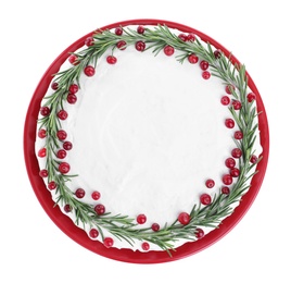 Traditional Christmas cake decorated with rosemary and cranberries isolated on white, top view Photo of Traditional Christmas cake decorated with rosemary and cranberries isolated on white, top view