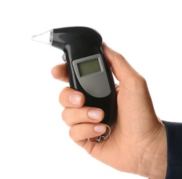 Woman holding modern breathalyzer on white background, closeup Photo of Woman holding modern breathalyzer on white background, closeup