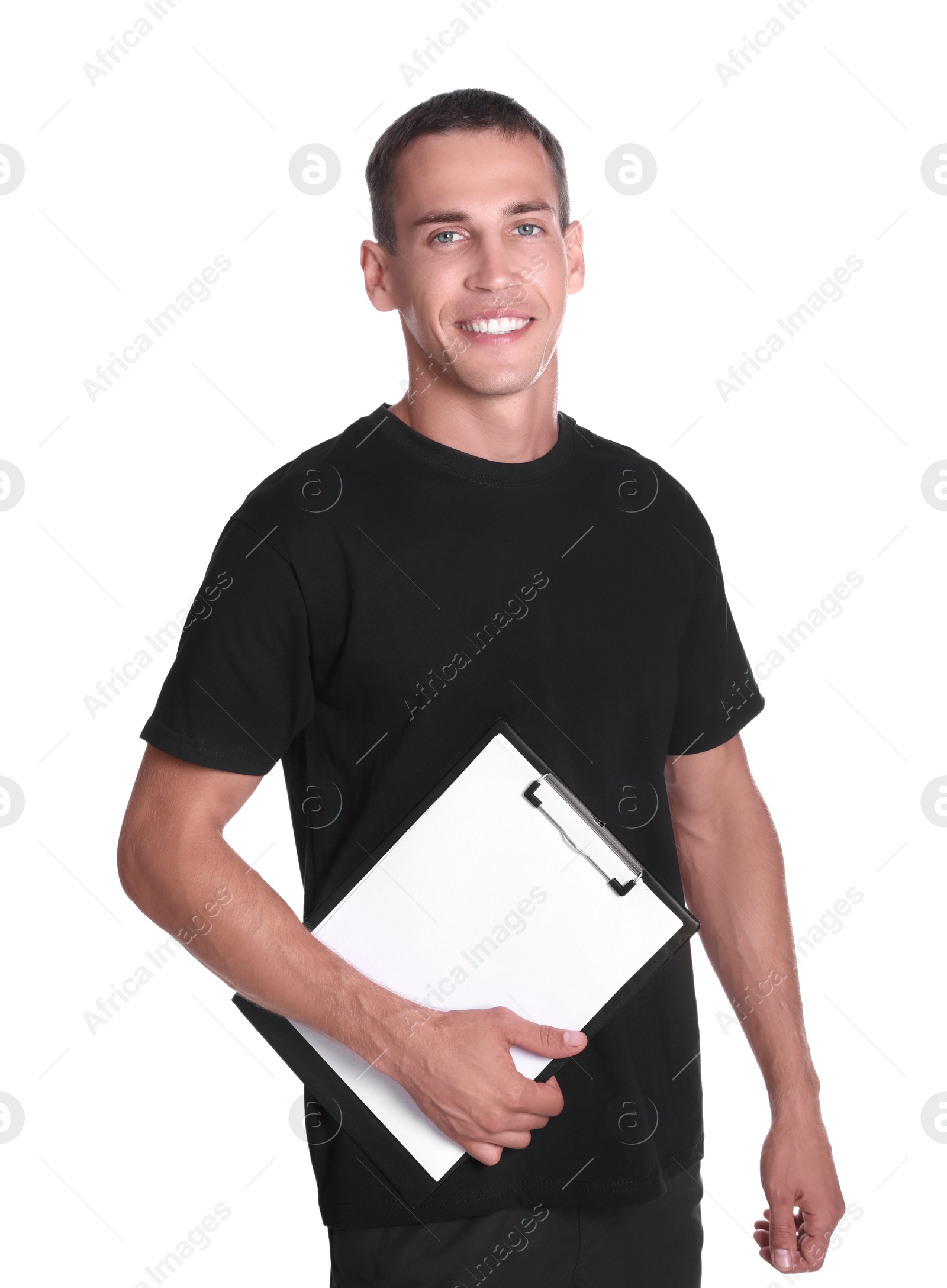 Portrait of personal trainer with clipboard on white background. Gym instructor Photo of Portrait of personal trainer with clipboard on white background. Gym instructor