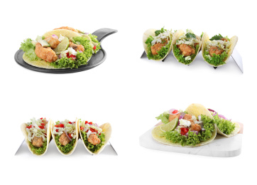 Set of delicious fresh fish tacos on white background Image of Set of delicious fresh fish tacos on white background