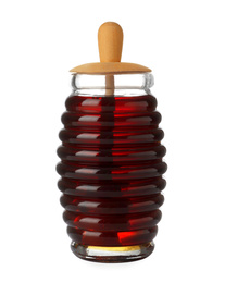 Jar with organic honey and dipper isolated on white Photo of Jar with organic honey and dipper isolated on white