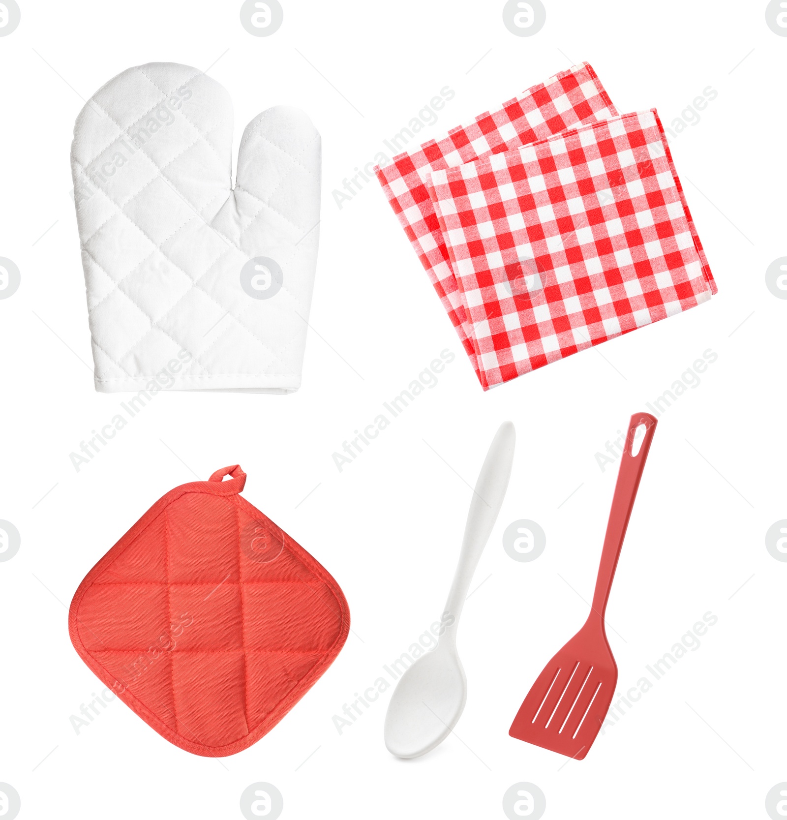 Set with different kitchen utensils and oven glove on white background Image of Set with different kitchen utensils and oven glove on white background