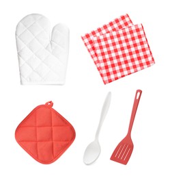Set with different kitchen utensils and oven glove on white background Image of Set with different kitchen utensils and oven glove on white background