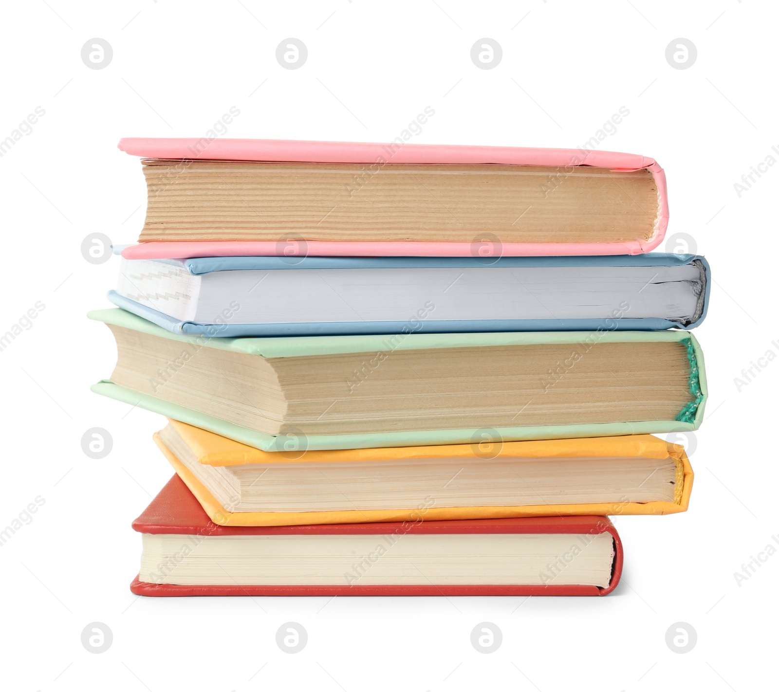 Many colorful hardcover books on white background Photo of Many colorful hardcover books on white background