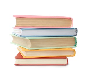 Photo of Many colorful hardcover books on white background