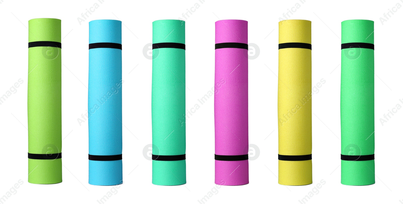 Set with different bright rolled camping mats on white background. Banner design Image of Set with different bright rolled camping mats on white background. Banner design