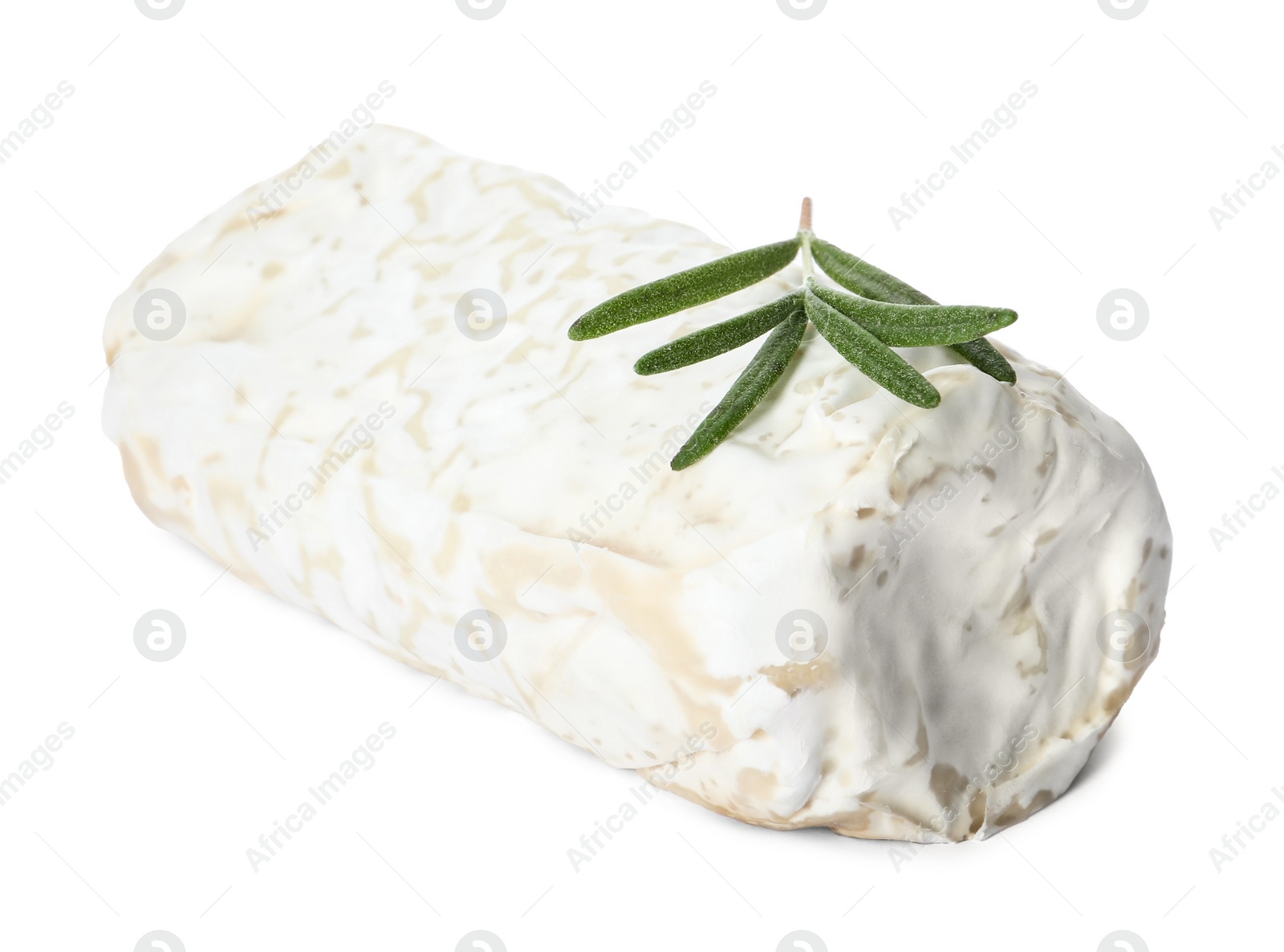 Delicious fresh goat cheese with rosemary on white background Photo of Delicious fresh goat cheese with rosemary on white background