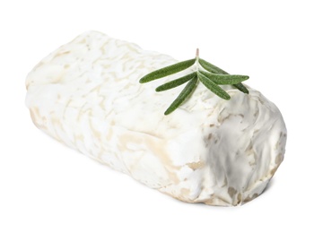 Delicious fresh goat cheese with rosemary on white background Photo of Delicious fresh goat cheese with rosemary on white background