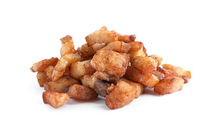 Tasty fried cracklings on white background. Cooked pork lard Photo of Tasty fried cracklings on white background. Cooked pork lard